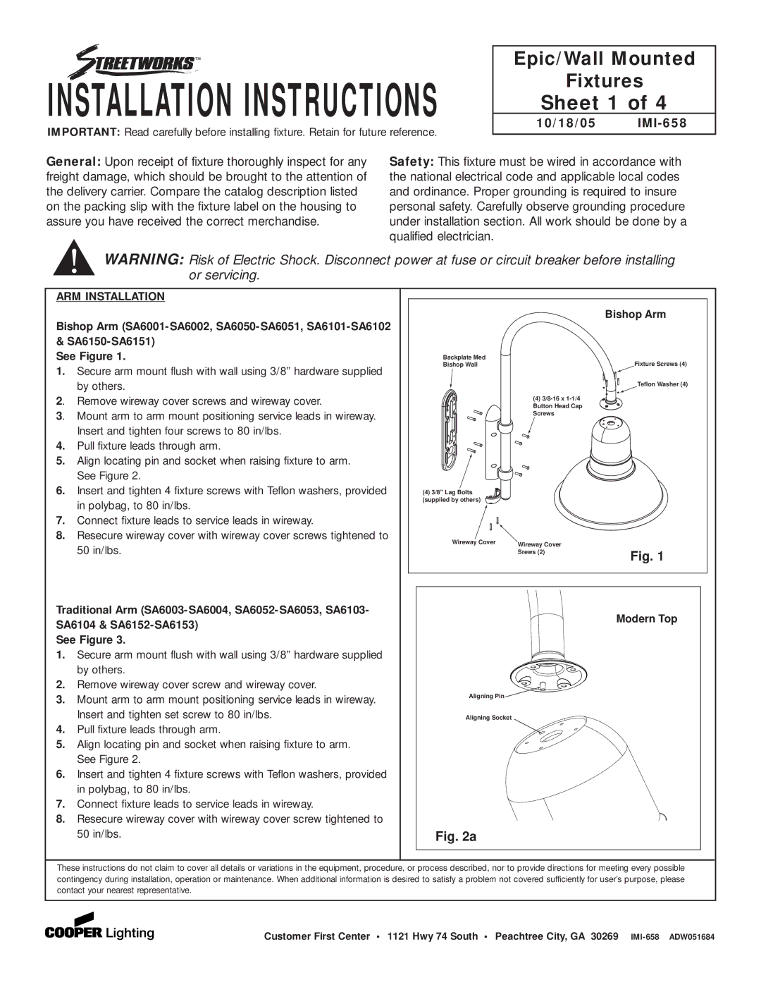 Cooper Lighting SA6150-SA6151, SA6001-SA6002 installation instructions Sheet 1, ARM Installation, Bishop Arm, Modern Top 