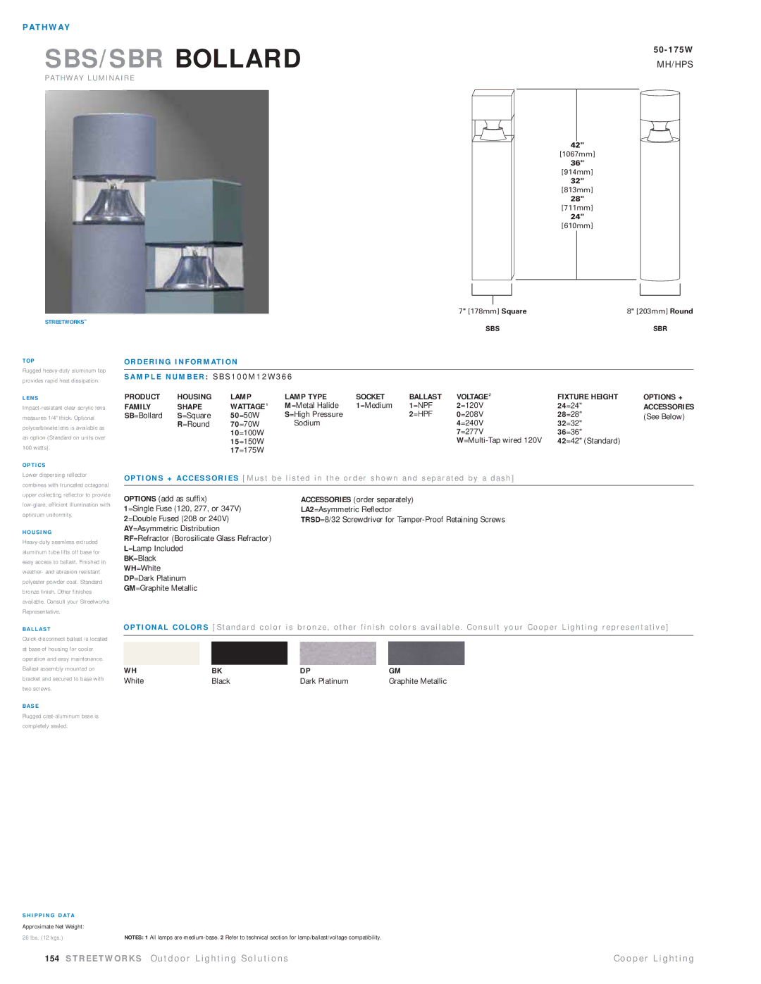 Cooper Lighting SBS100M12W366 manual Streetworks, N S, T I C S, U S I N G, L L a S T, S E, I P P I N G D Ata 
