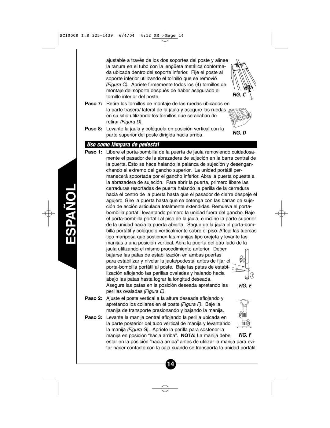 Cooper Lighting SC1000R instruction manual Uso como lámpara de pedestal, Fig. C 