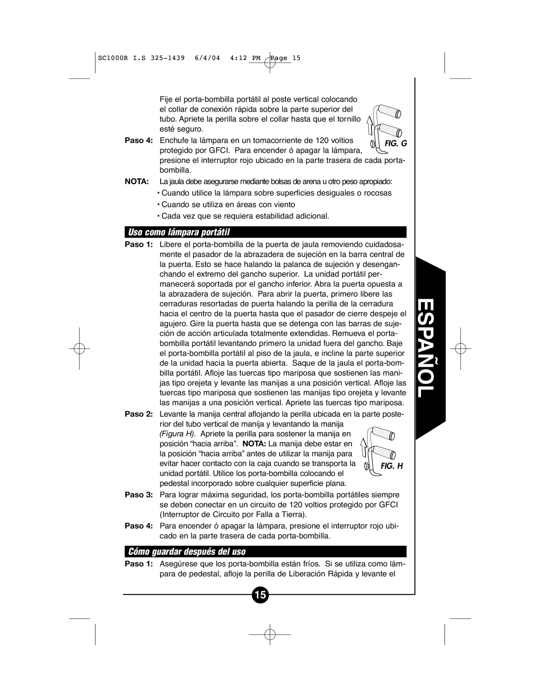 Cooper Lighting SC1000R instruction manual Uso como lámpara portátil, Cómo guardar después del uso 