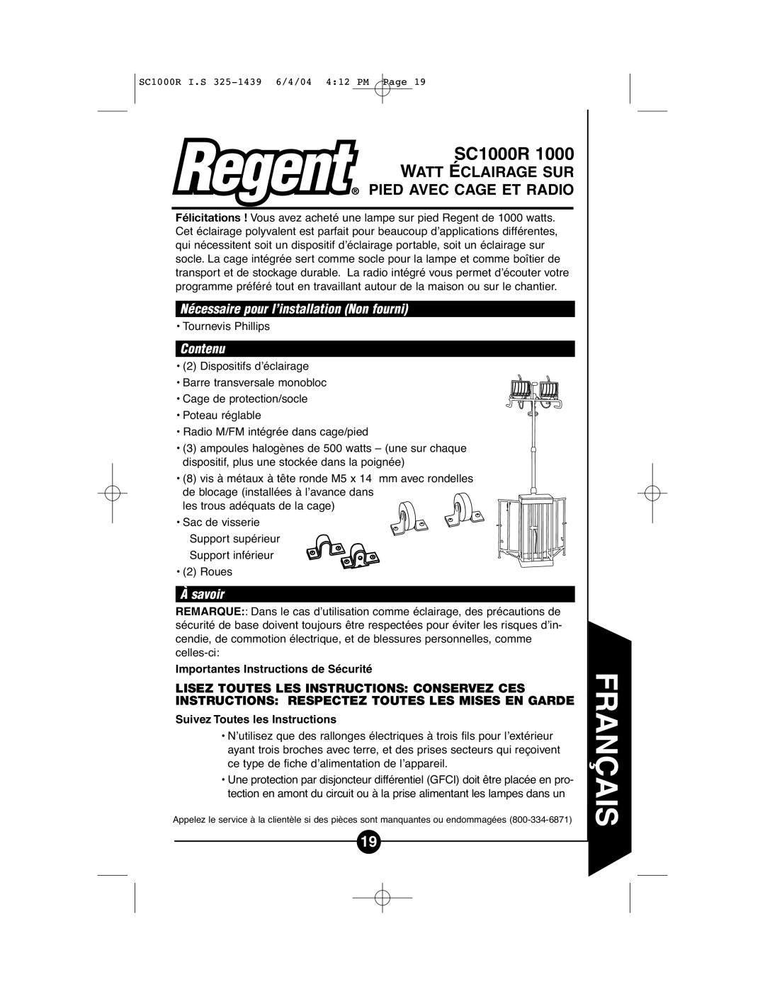 Cooper Lighting SC1000R instruction manual Nécessaire pour l’installation Non fourni, Contenu, Savoir 