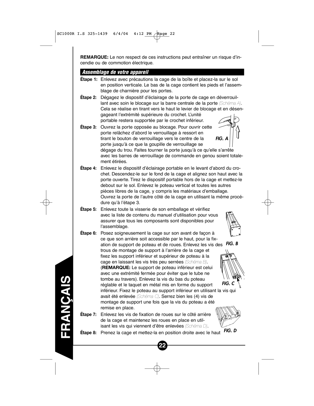 Cooper Lighting SC1000R instruction manual Assemblage de votre appareil, Fig. D 