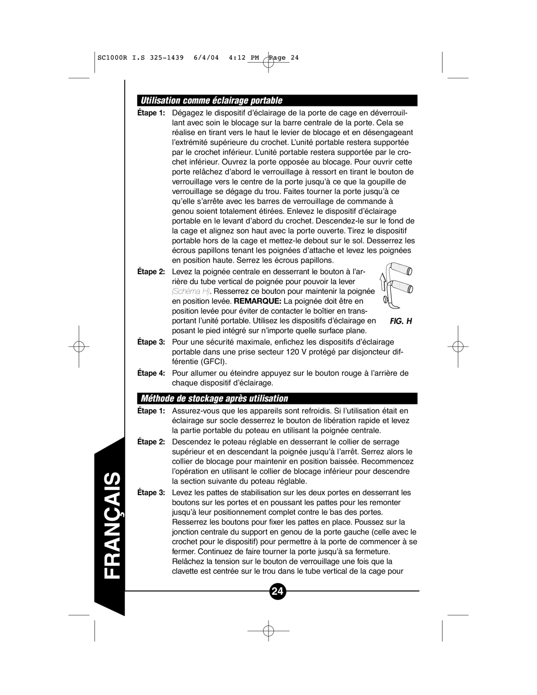 Cooper Lighting SC1000R instruction manual Utilisation comme éclairage portable, Méthode de stockage après utilisation 