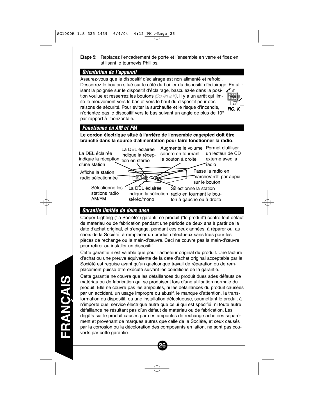 Cooper Lighting SC1000R instruction manual Orientation de l’appareil, Fonctionne en AM et FM, Garantie limitée de deux ansn 