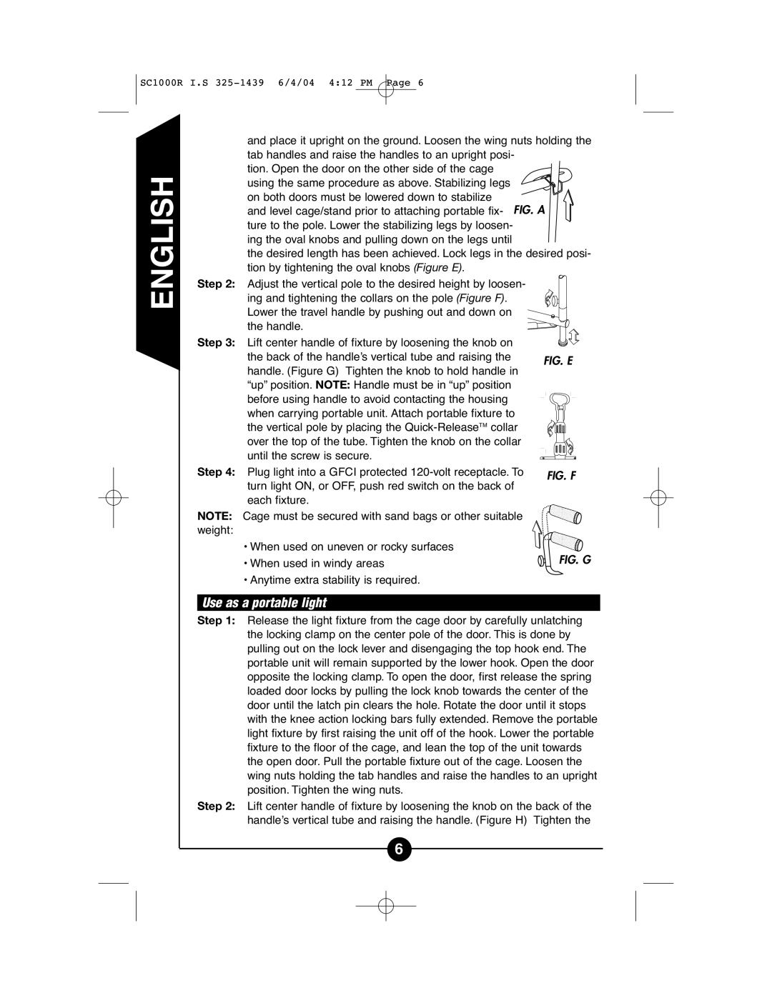 Cooper Lighting SC1000R instruction manual Use as a portable light, Fig. E 