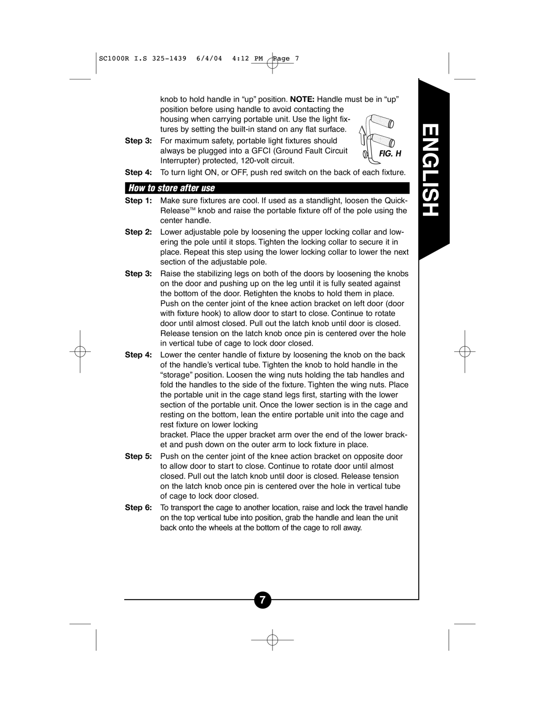 Cooper Lighting SC1000R instruction manual How to store after use, Fig. H 