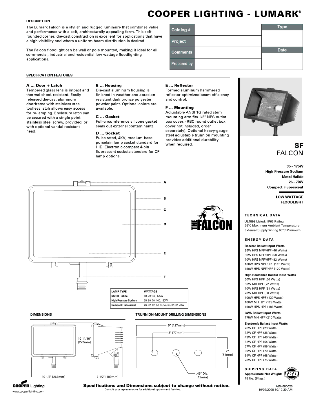 Cooper Lighting SF Falcon specifications Door + Latch, Housing, Gasket, Socket, Reflector, Mounting 