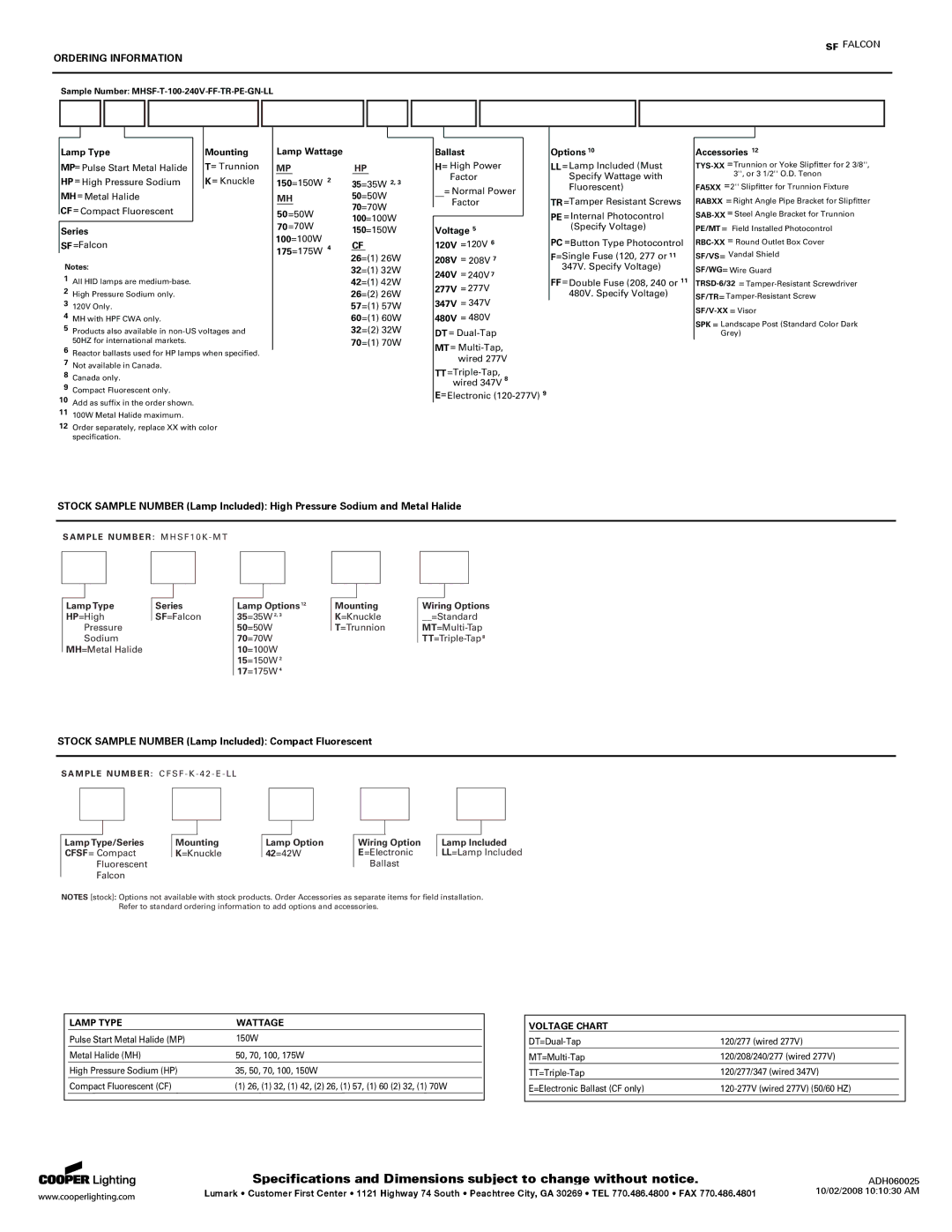 Cooper Lighting SF Falcon specifications Ordering Information, Stock Sample Number Lamp Included Compact Fluorescent 