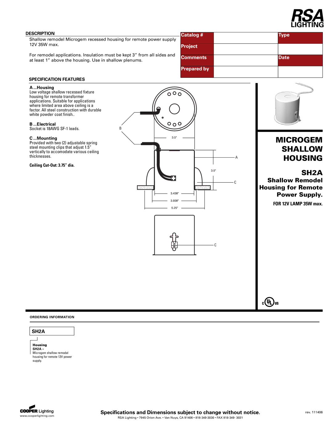 Cooper Lighting SH2A specifications Microgem, Shallow, Housing 