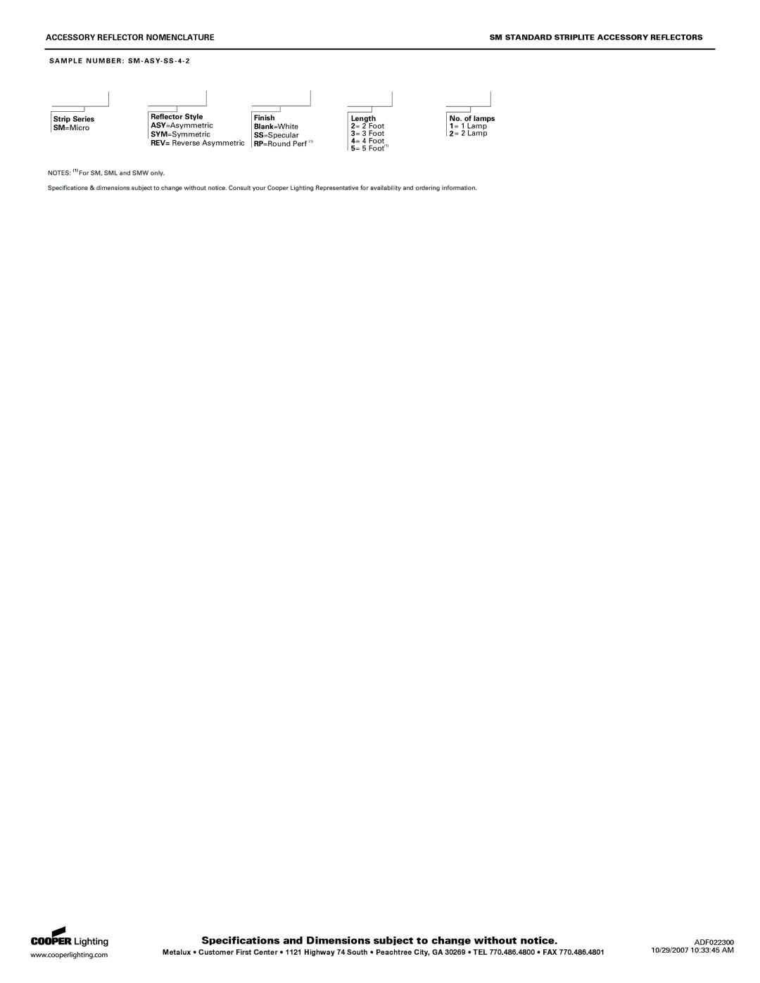 Cooper Lighting SM-ASY-RP, SM-SYM-RP Accessory Reflector Nomenclature, SM Standard Striplite Accessory Reflectors 