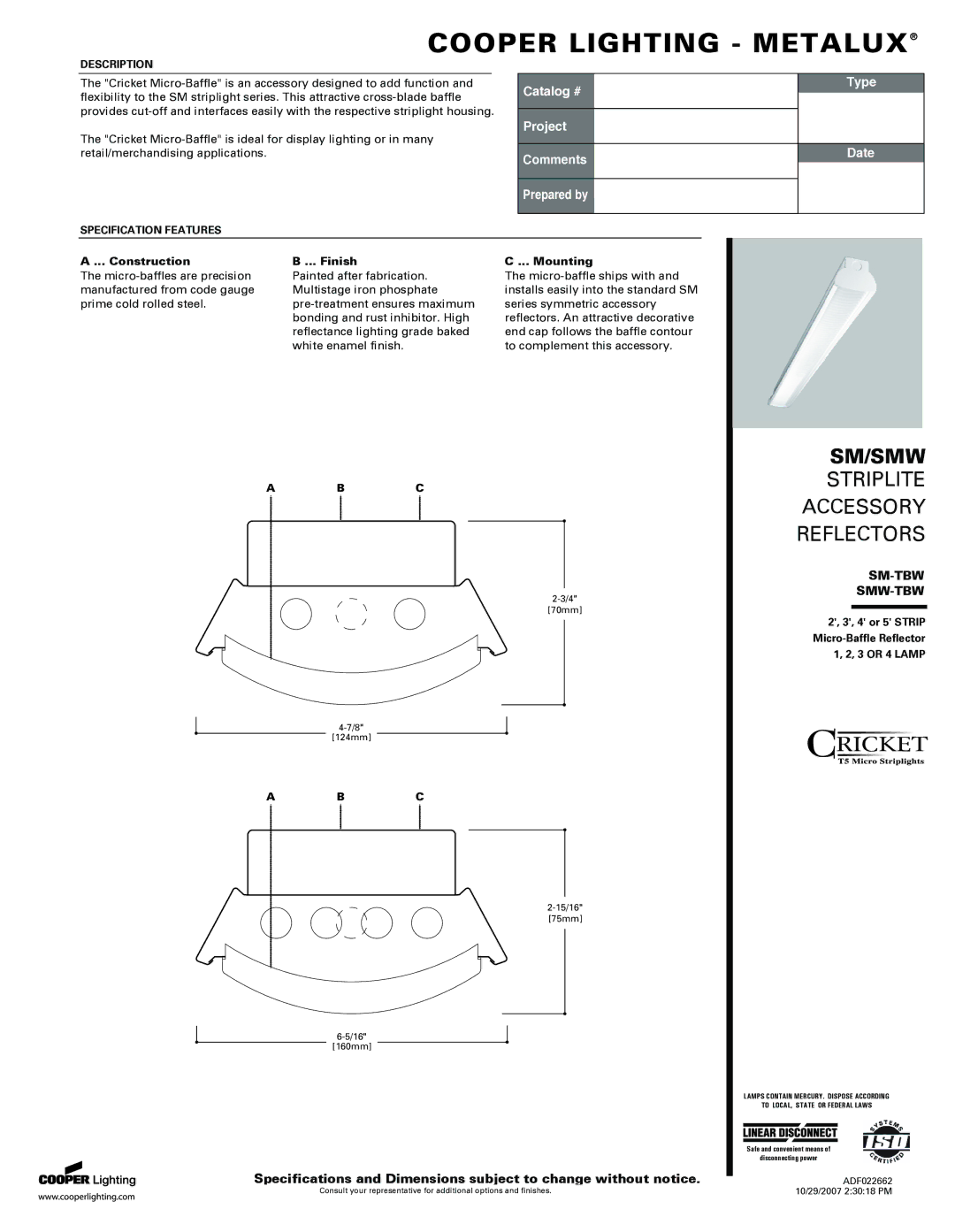 Cooper Lighting SMW-TBW, SM-TBW specifications Cooper Lighting Metalux 