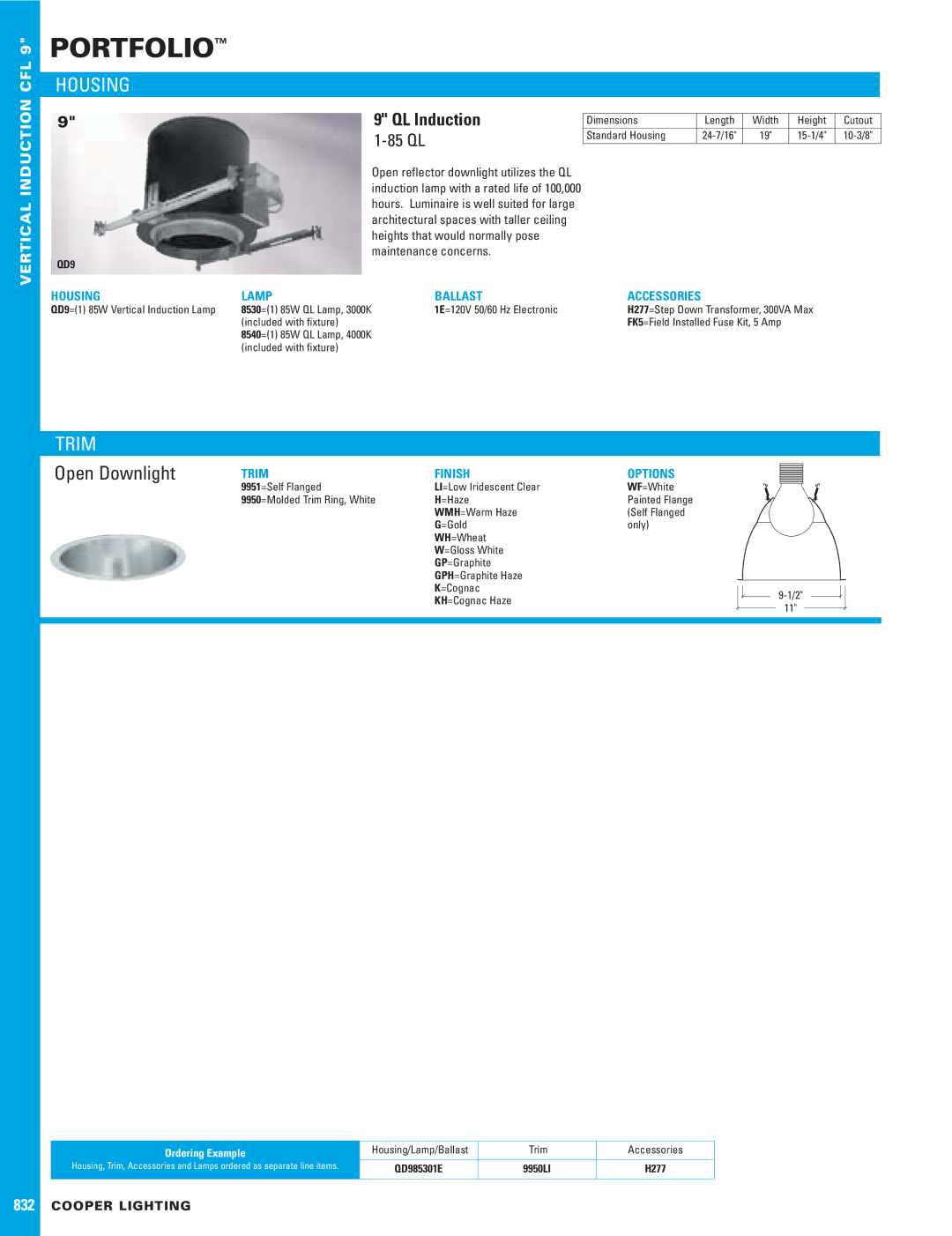 Cooper Lighting SP97/SP97-V dimensions Portfolio, Housing, Trim, Open Downlight, QL Induction 