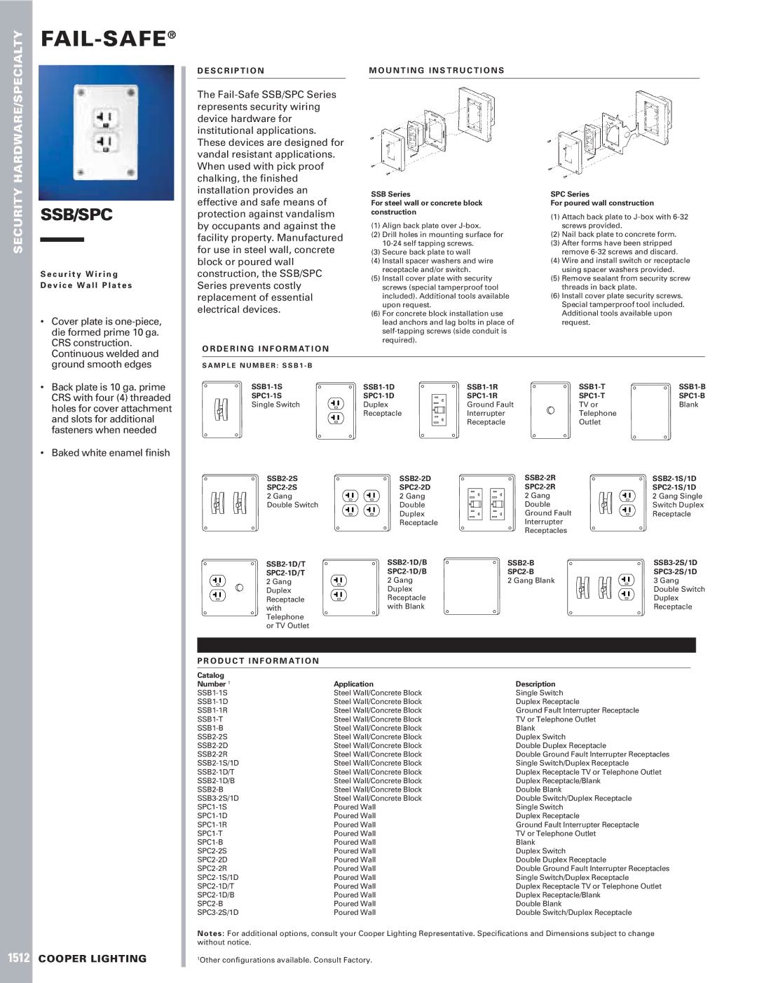 Cooper Lighting SSB specifications S C R I P T I O N, D E R I N G I N F O R M At I O N, O D U C T I N F O R M At I O N 