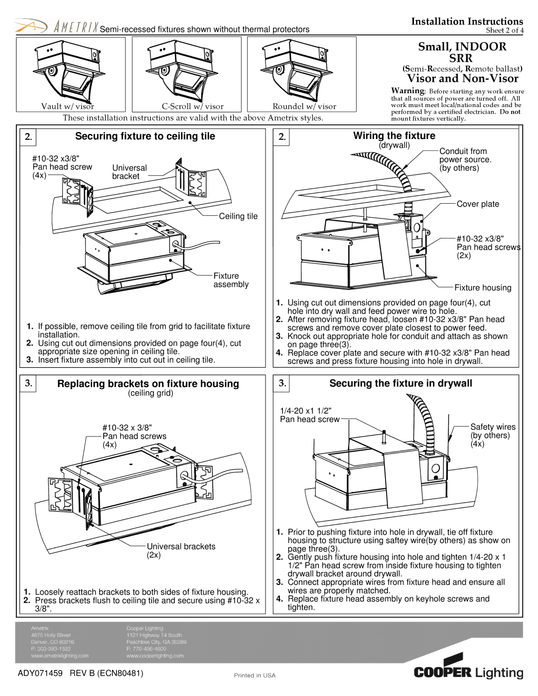 Cooper Lighting SRR manual Securing fixture to ceiling tile, Wiring the fixture, Replacing brackets on fixture housing 