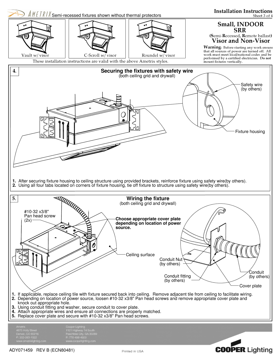 Cooper Lighting SRR manual Securing the fixtures with safety wire, Source 