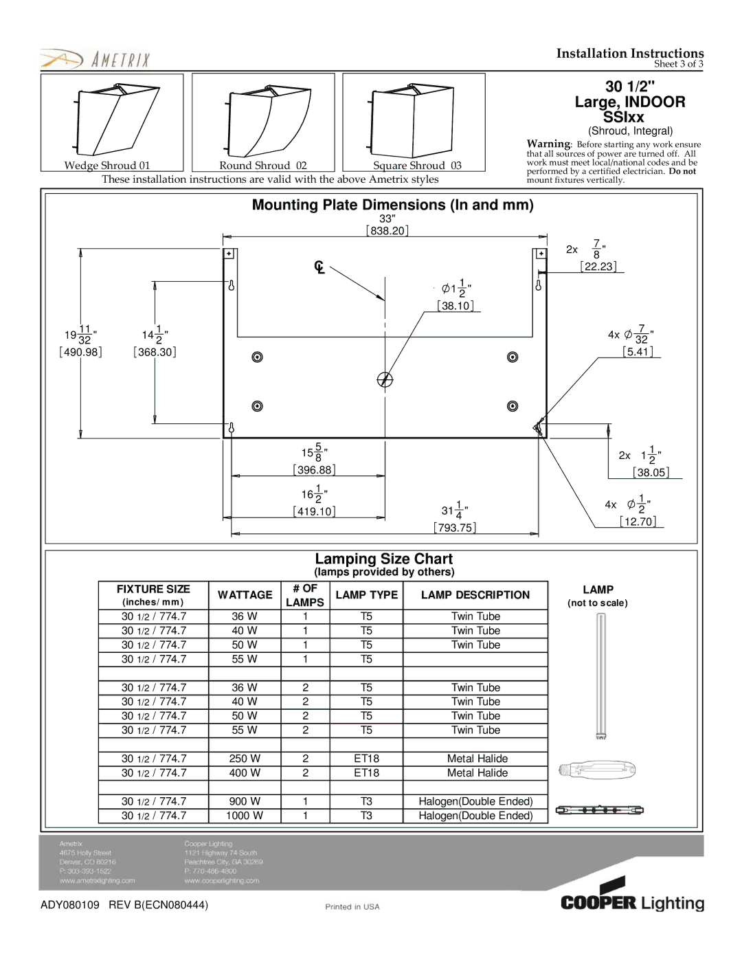 Cooper Lighting SSIxx manual Mounting Plate Dimensions In and mm, Lamping Size Chart, Lamps 