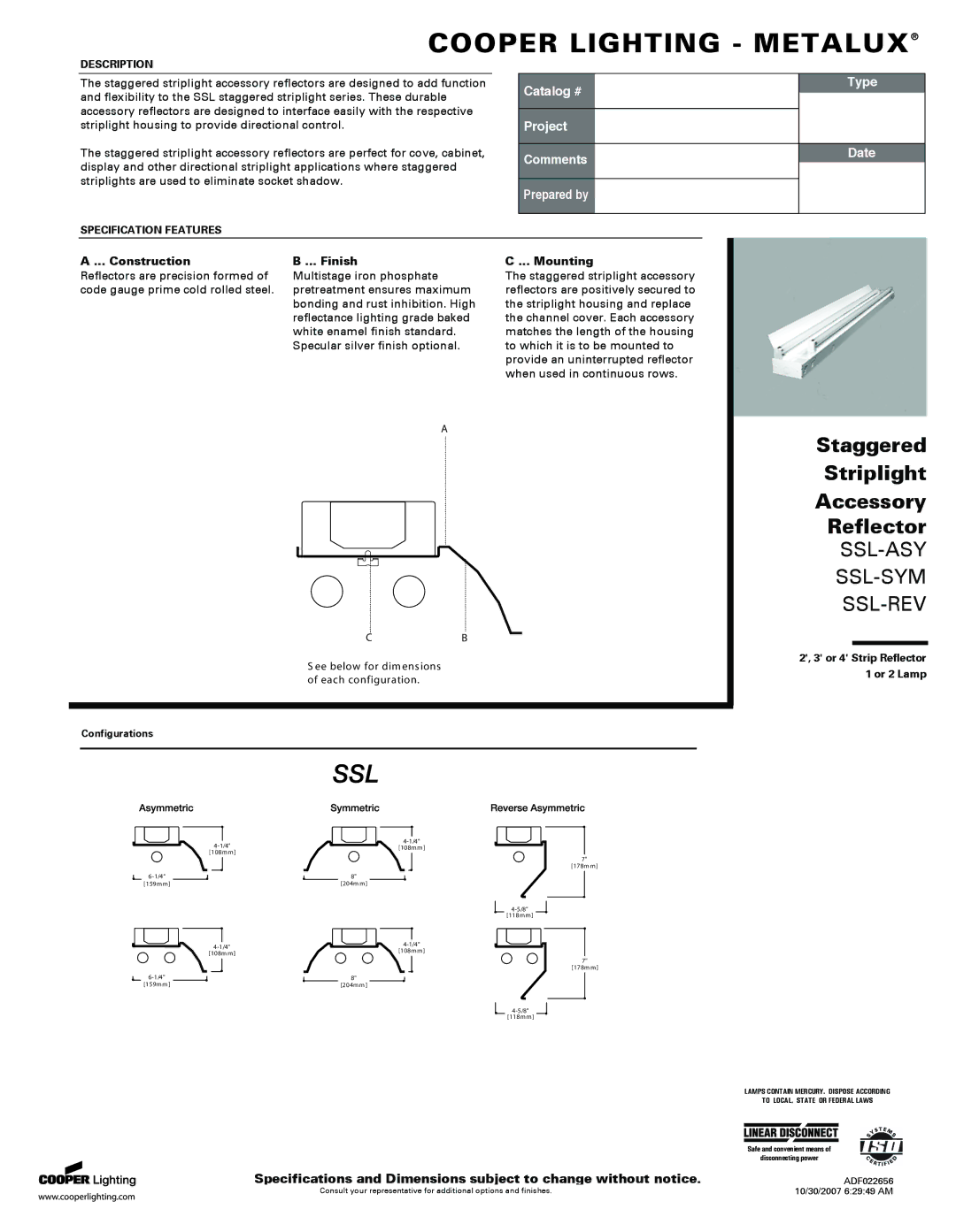 Cooper Lighting SSL-ASY, SSL-REV, SSL-SYM specifications Construction Finish, Mounting, Configurations 