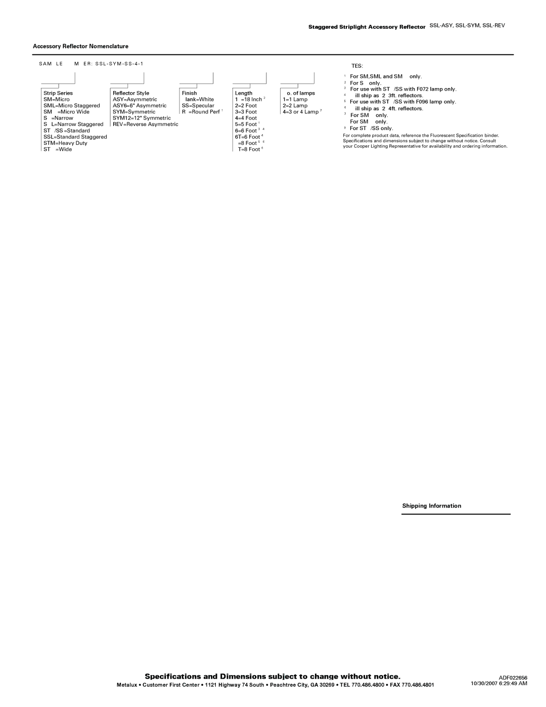 Cooper Lighting SSL-SYM, SSL-REV, SSL-ASY specifications Accessory Reflector Nomenclature, Shipping Information, Catalog No 