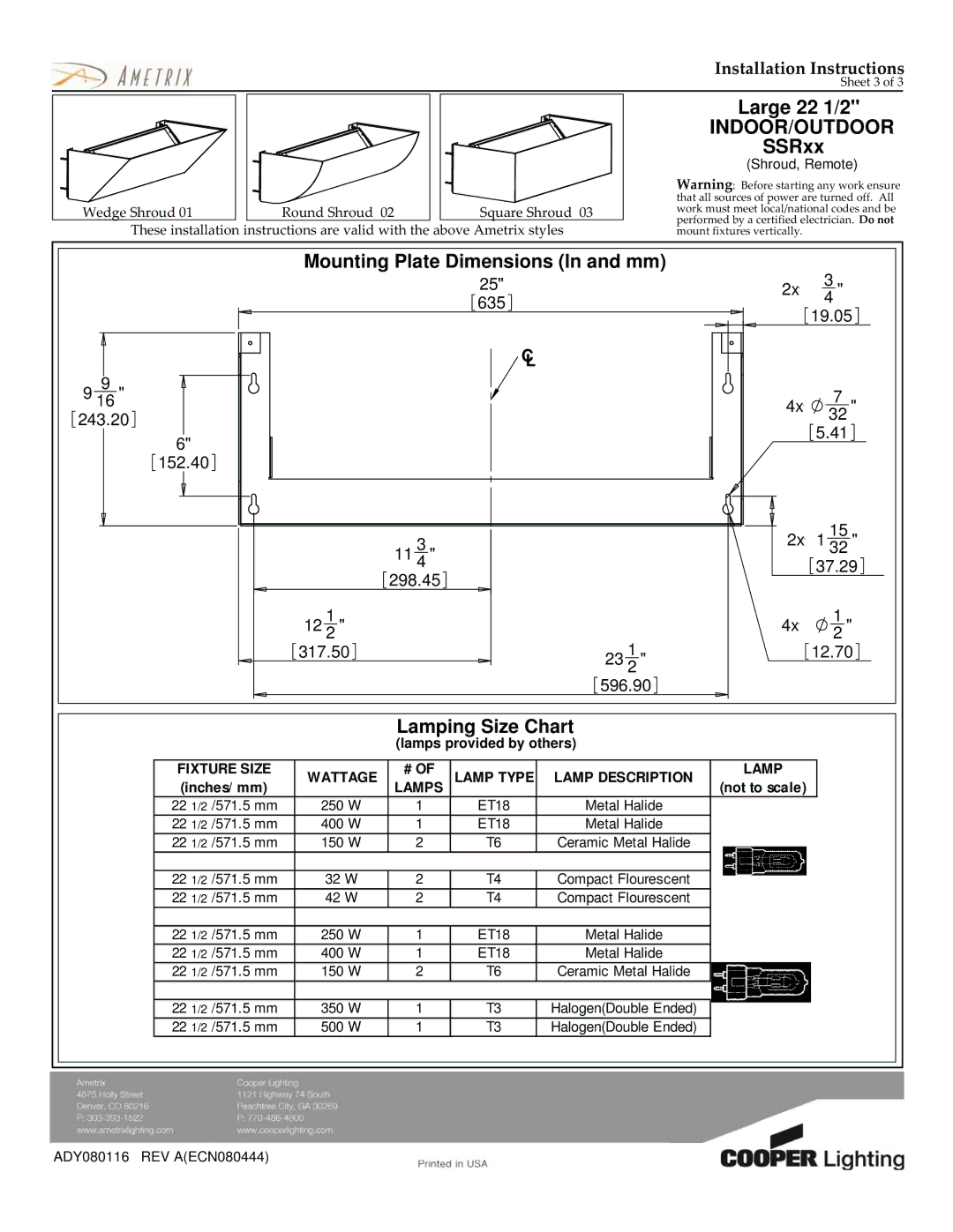 Cooper Lighting SSRxx dimensions Mounting Plate Dimensions In and mm, Lamping Size Chart, Lamps 