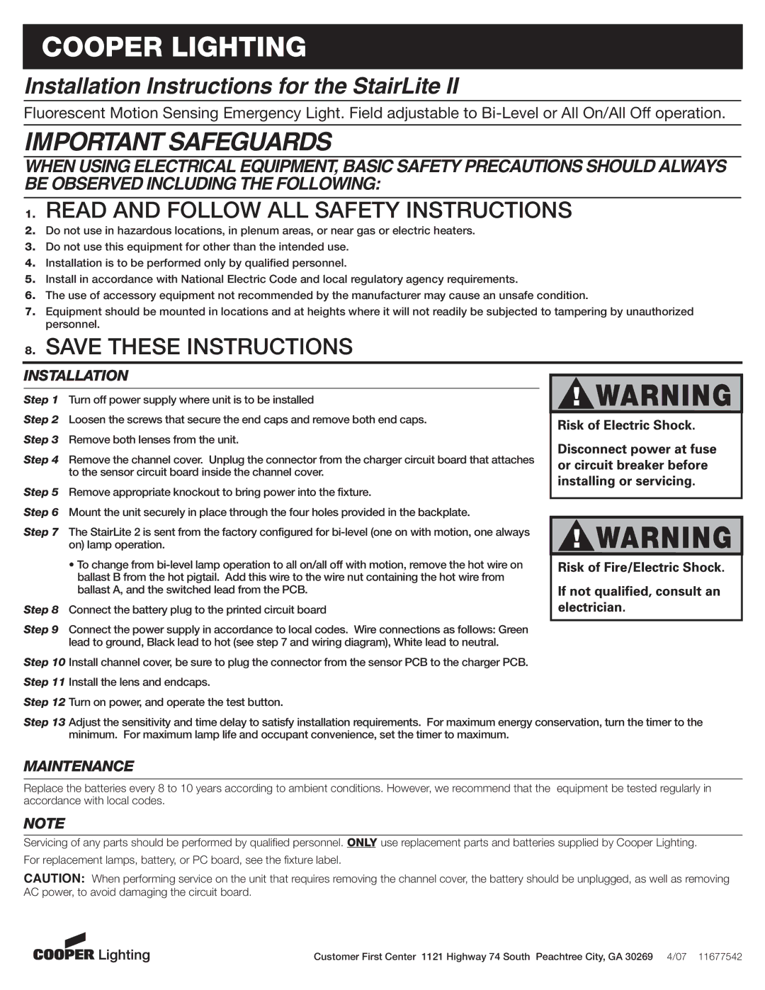 Cooper Lighting StairLite II installation instructions Installation, Maintenance 