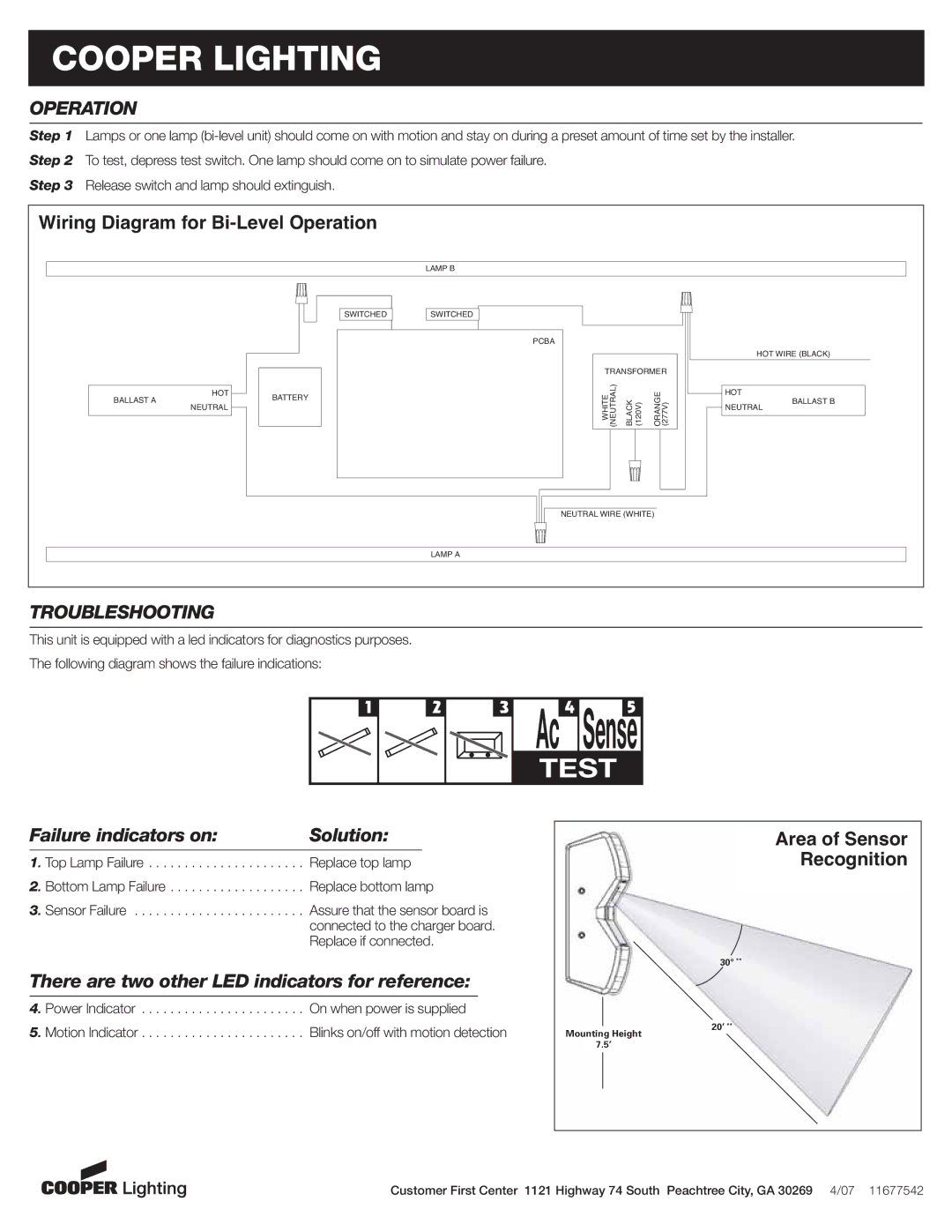 Cooper Lighting StairLite II installation instructions Operation, Troubleshooting 