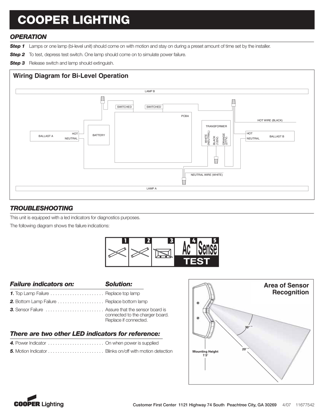 Cooper Lighting StairLite II Wiring Diagram for Bi-LevelOperation, Troubleshooting, Failure indicators on, Ac4 Sense5 