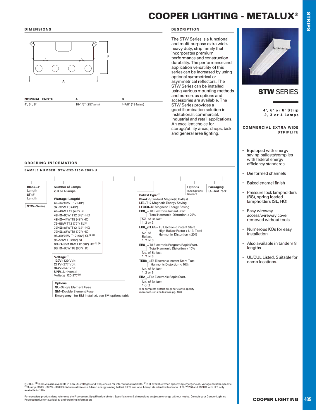 Cooper Lighting STW dimensions Equipped with energy, Saving ballasts/complies, With federal energy, Efﬁciency standards 