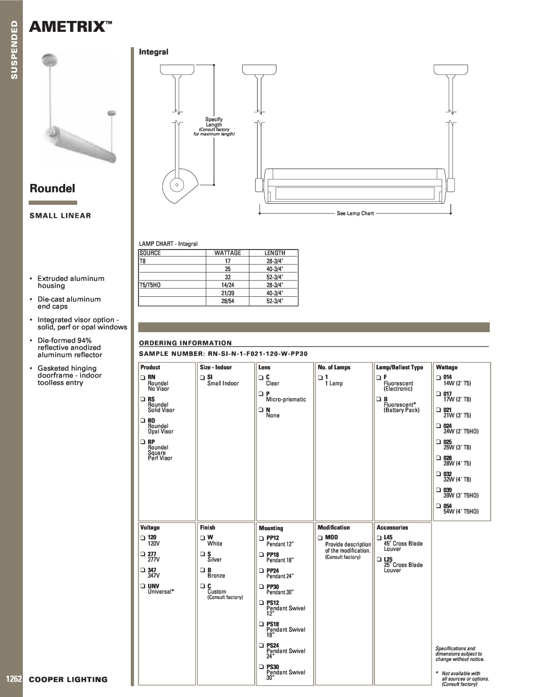 Cooper Lighting Suspended Lighting specifications Ametrix, Roundel, 1262, Integral, S M A L L L I N E A R, Cooper Lighting 