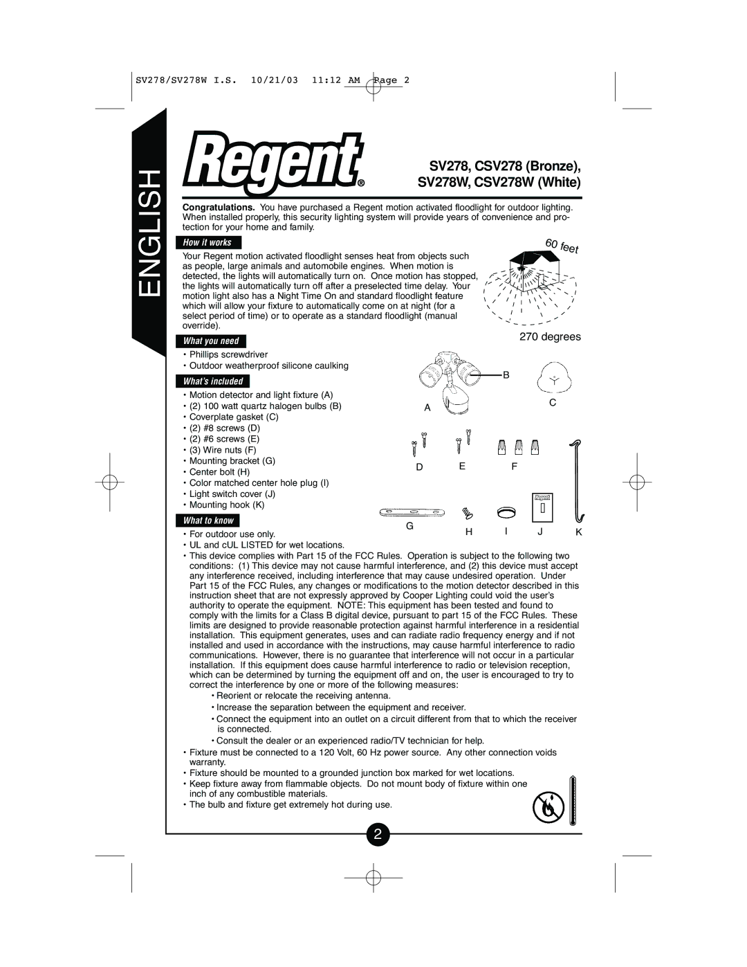 Cooper Lighting CSV278W instruction manual English, Degrees 