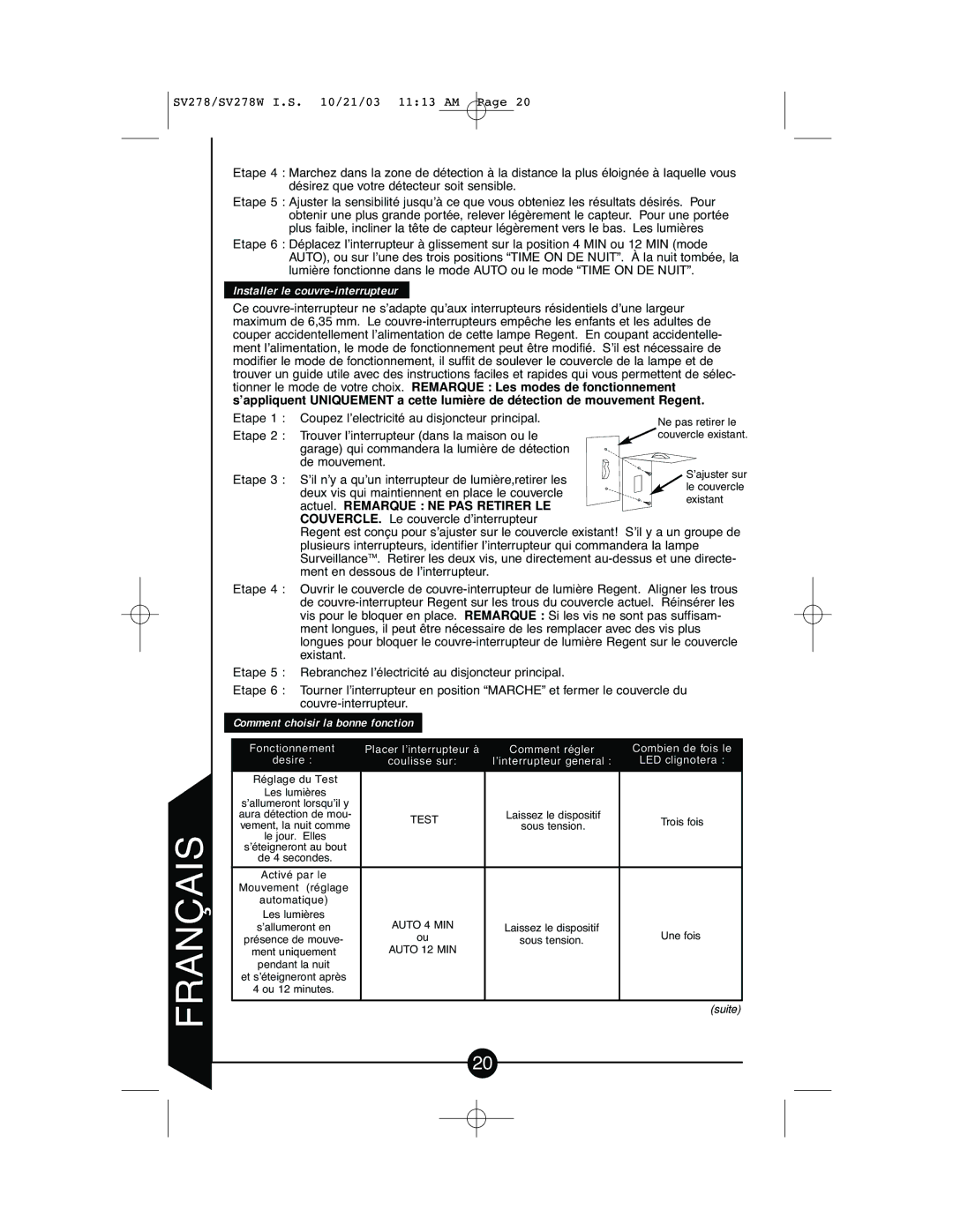 Cooper Lighting CSV278W instruction manual Installer le couvre-interrupteur, Comment choisir la bonne fonction 