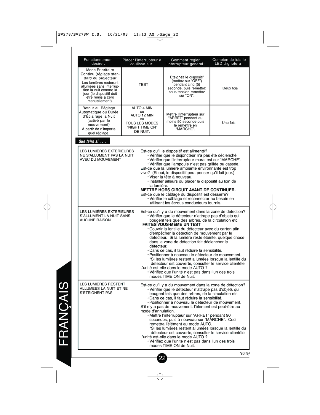 Cooper Lighting CSV278W instruction manual Que faire si, Marche DE Nuit, ’ALLUMENT LA Nuit Sans, Aucune Raison 