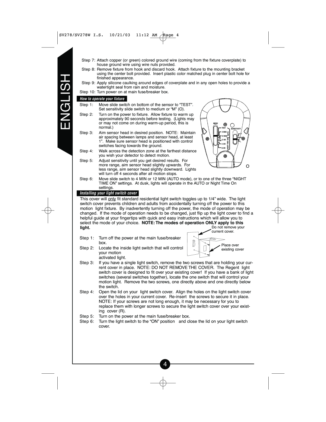 Cooper Lighting CSV278W instruction manual English, Installing your light switch cover 