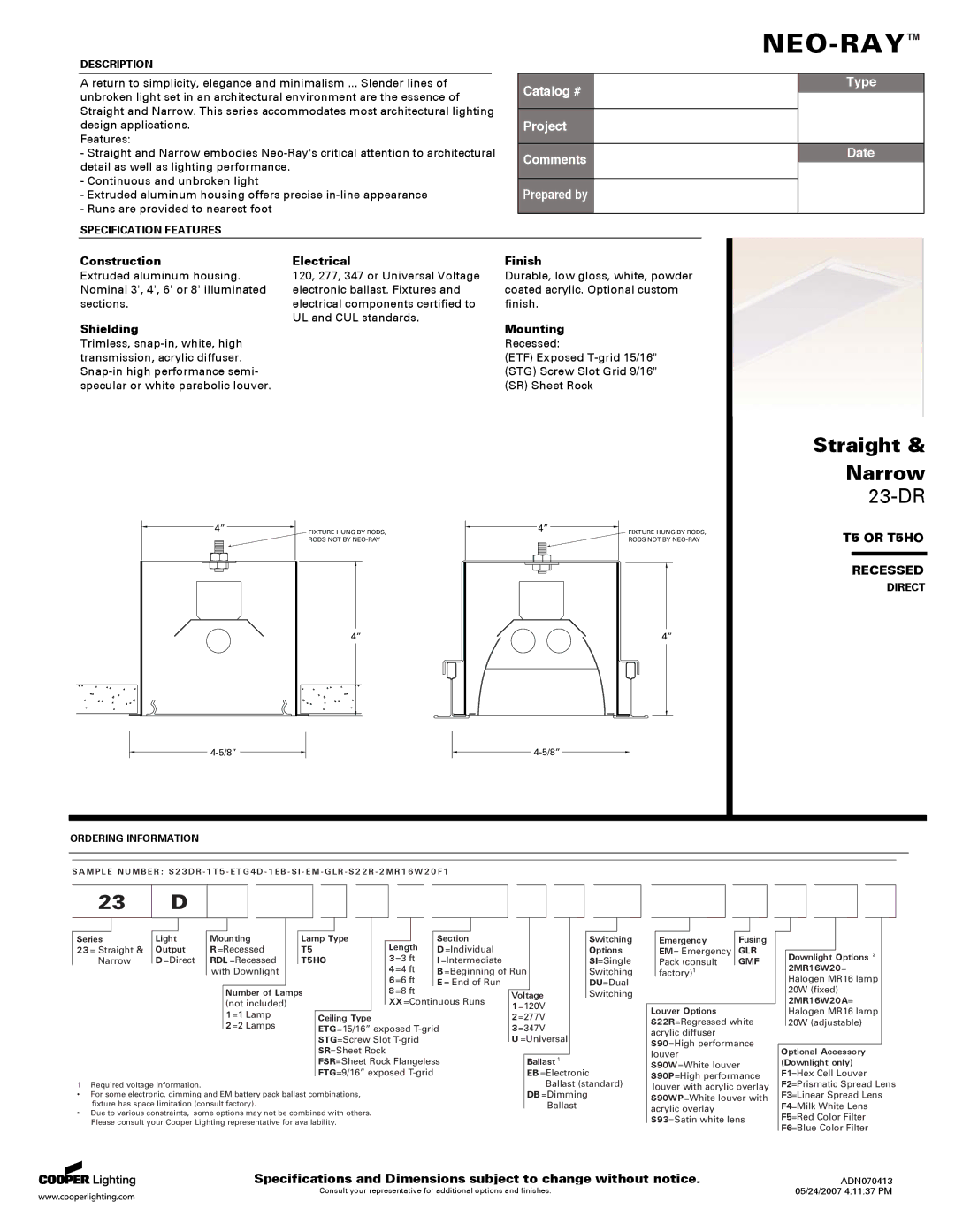 Cooper Lighting T5HO specifications Construction, Shielding, Electrical, Finish, Mounting 