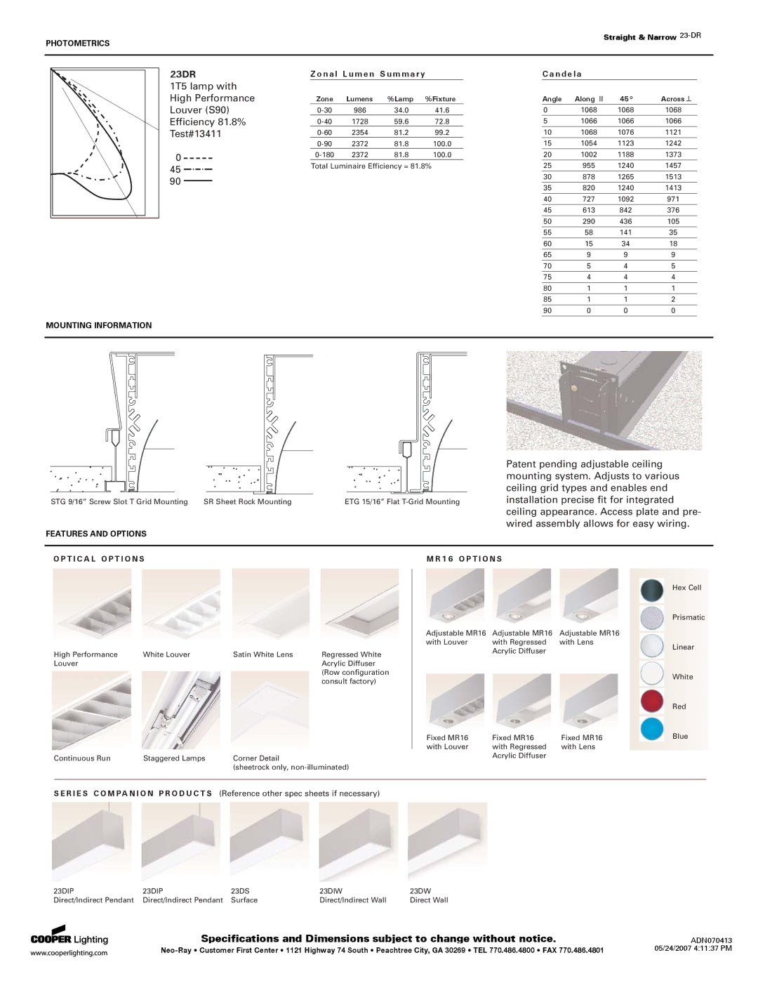 Cooper Lighting T5HO specifications 1T5 lamp with High Performance, Louver S90, Efficiency 81.8%, Test#13411 