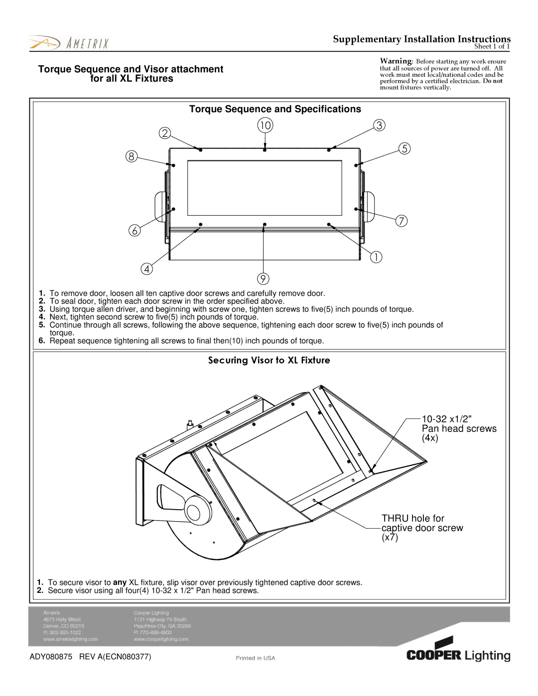 Cooper Lighting TCA 6001 UC installation instructions Supplementary Installation Instructions, For all XL Fixtures 