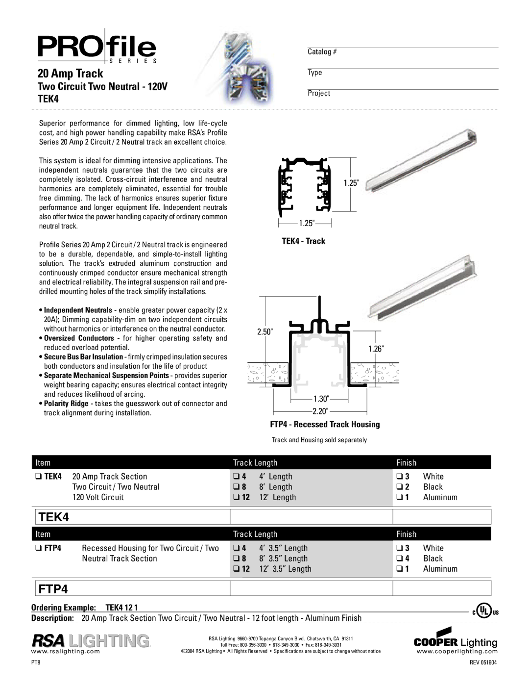 Cooper Lighting specifications TEK4 Track FTP4 Recessed Track Housing, Ordering Example TEK4 12 