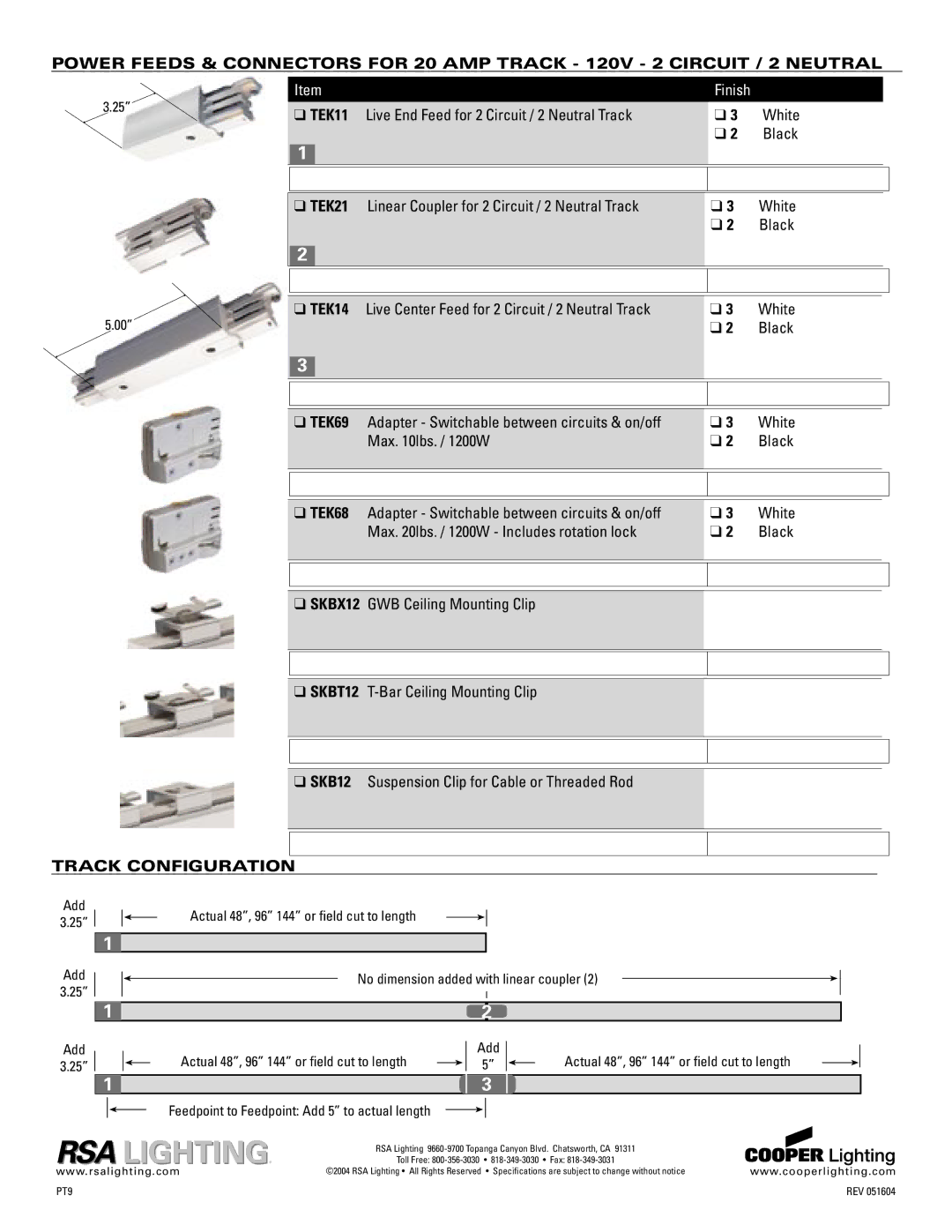 Cooper Lighting TEK4, FTP4 specifications TEK11, TEK21, TEK14, TEK69, Track Configuration 