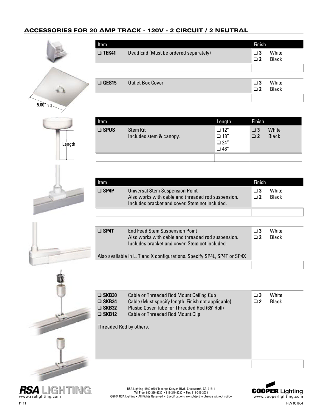 Cooper Lighting TEK4, FTP4 specifications Accessories for 20 AMP Track 120V 2 Circuit / 2 Neutral, White, Black, Spus 