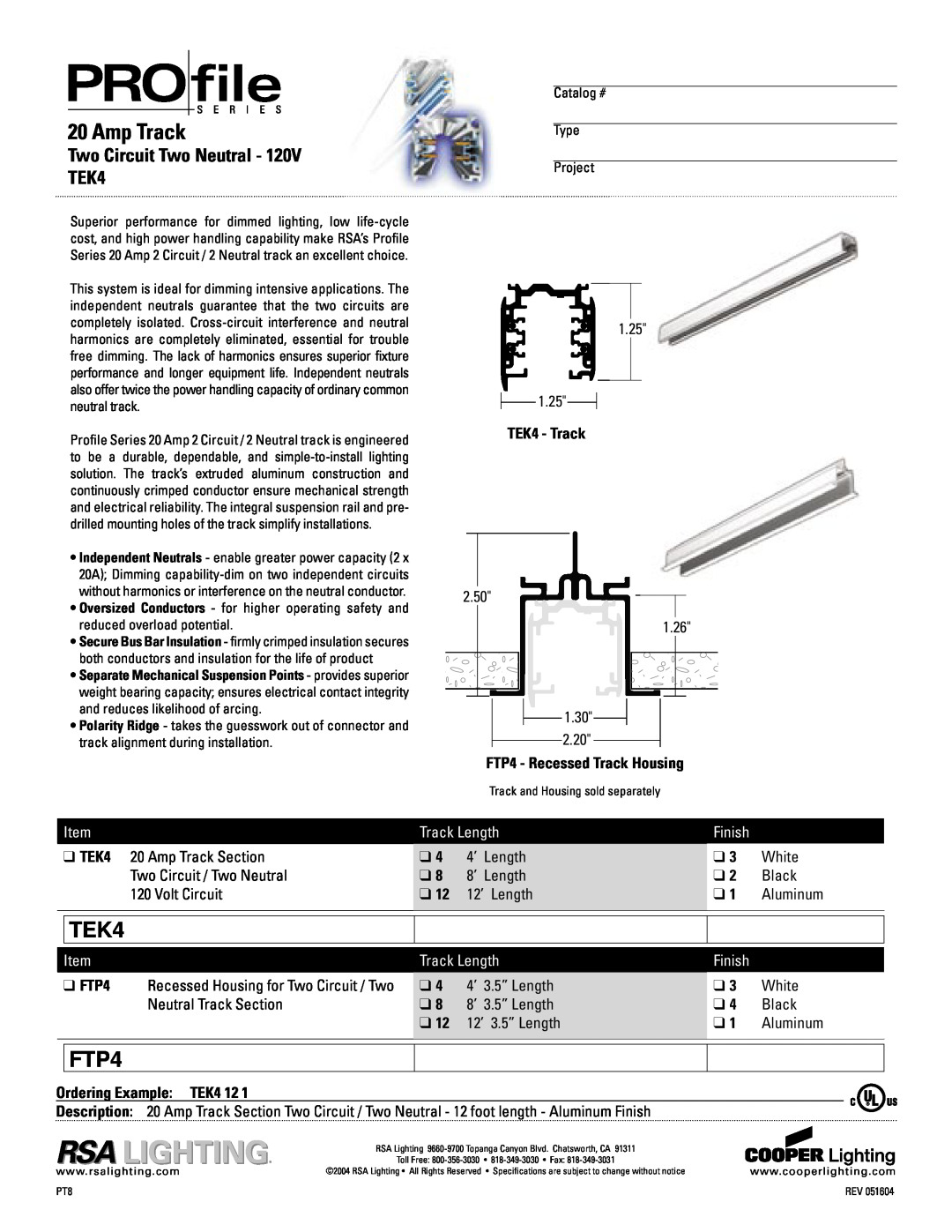 Cooper Lighting specifications TEK4 - Track, FTP4 - Recessed Track Housing, Track Length, Finish, Ordering Example TEK4 