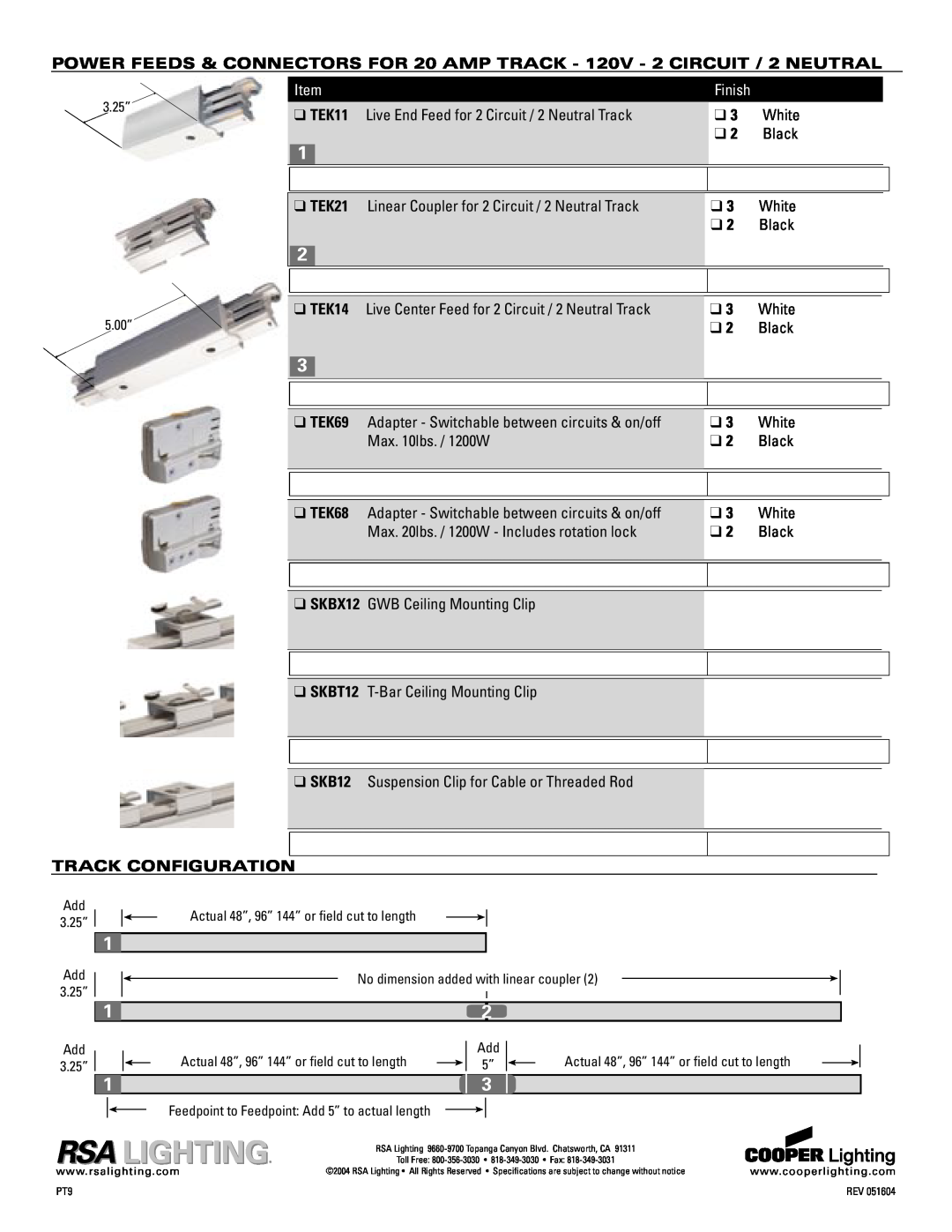 Cooper Lighting TEK4, FTP4 specifications TEK11, TEK21, TEK14, TEK69, Track Configuration, Finish 