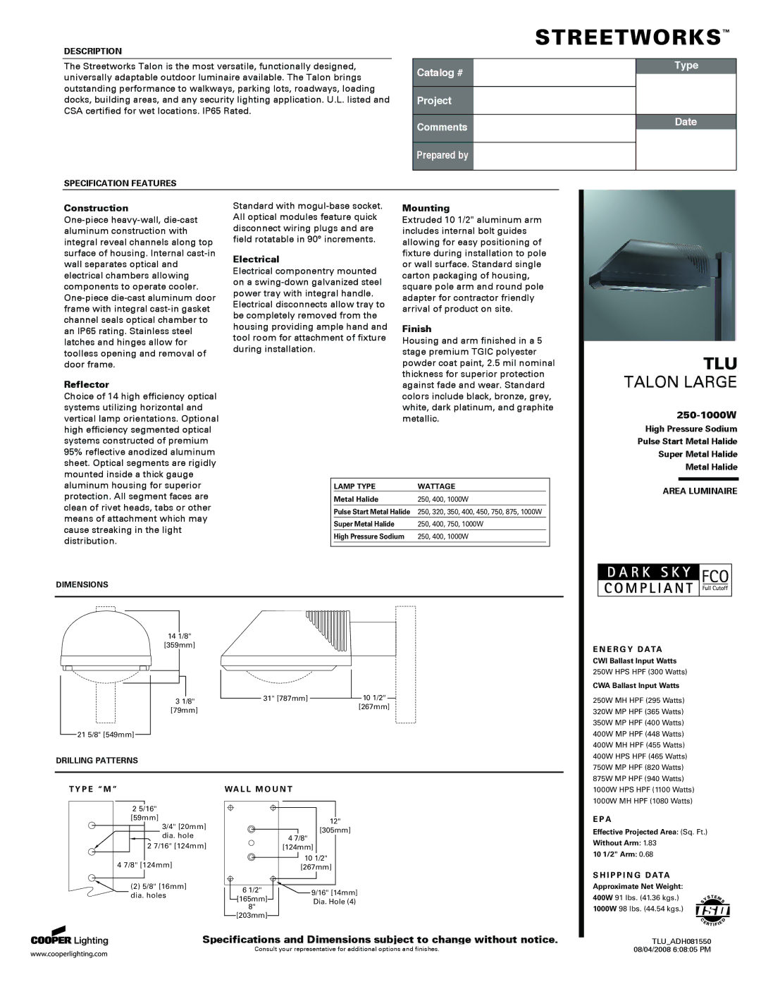 Cooper Lighting TL91SWW3VFG specifications Construction, Reflector, Electrical, Mounting, Finish 