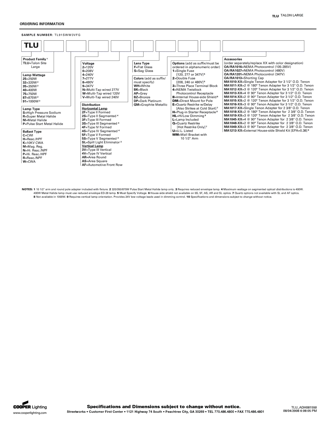 Cooper Lighting TL91SWW3VFG specifications Ordering Information 