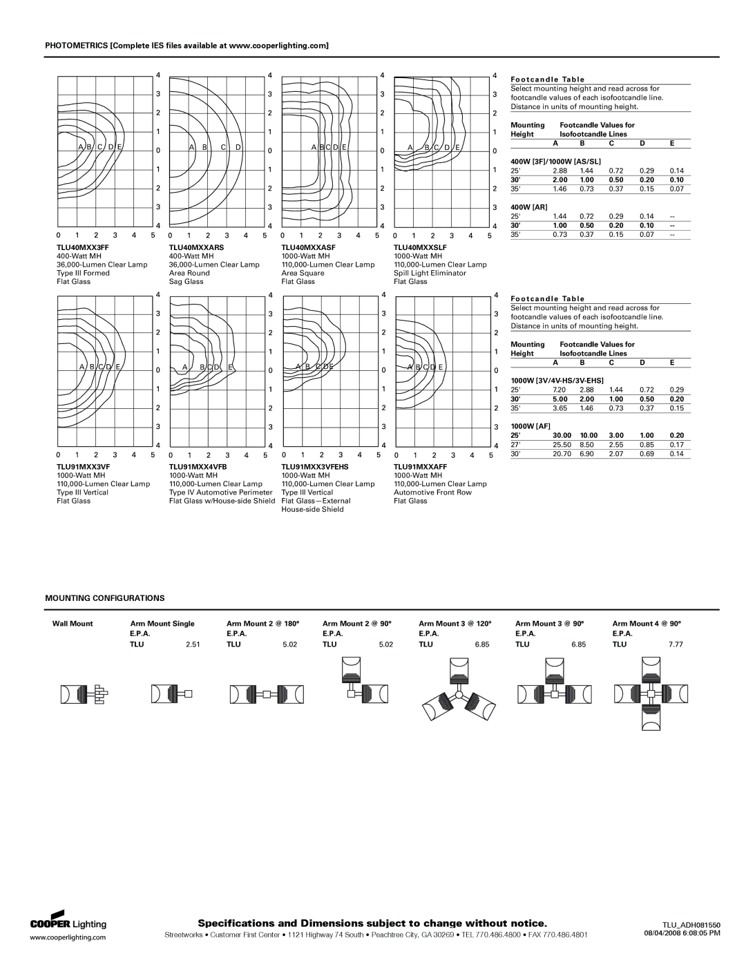 Cooper Lighting TL91SWW3VFG specifications Mounting Configurations 