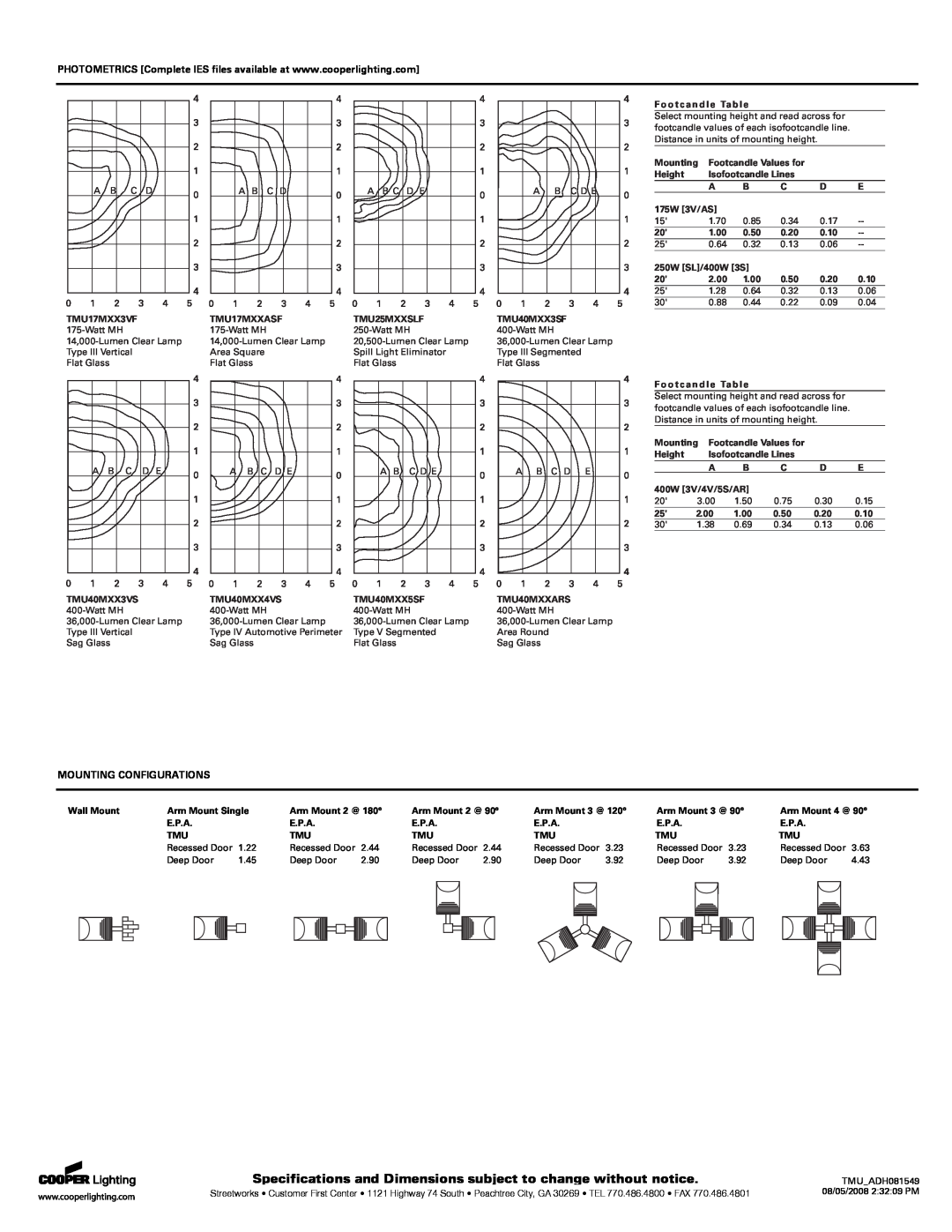 Cooper Lighting TMU40SWW3SF Specifications and Dimensions subject to change without notice, Mounting Configurations 