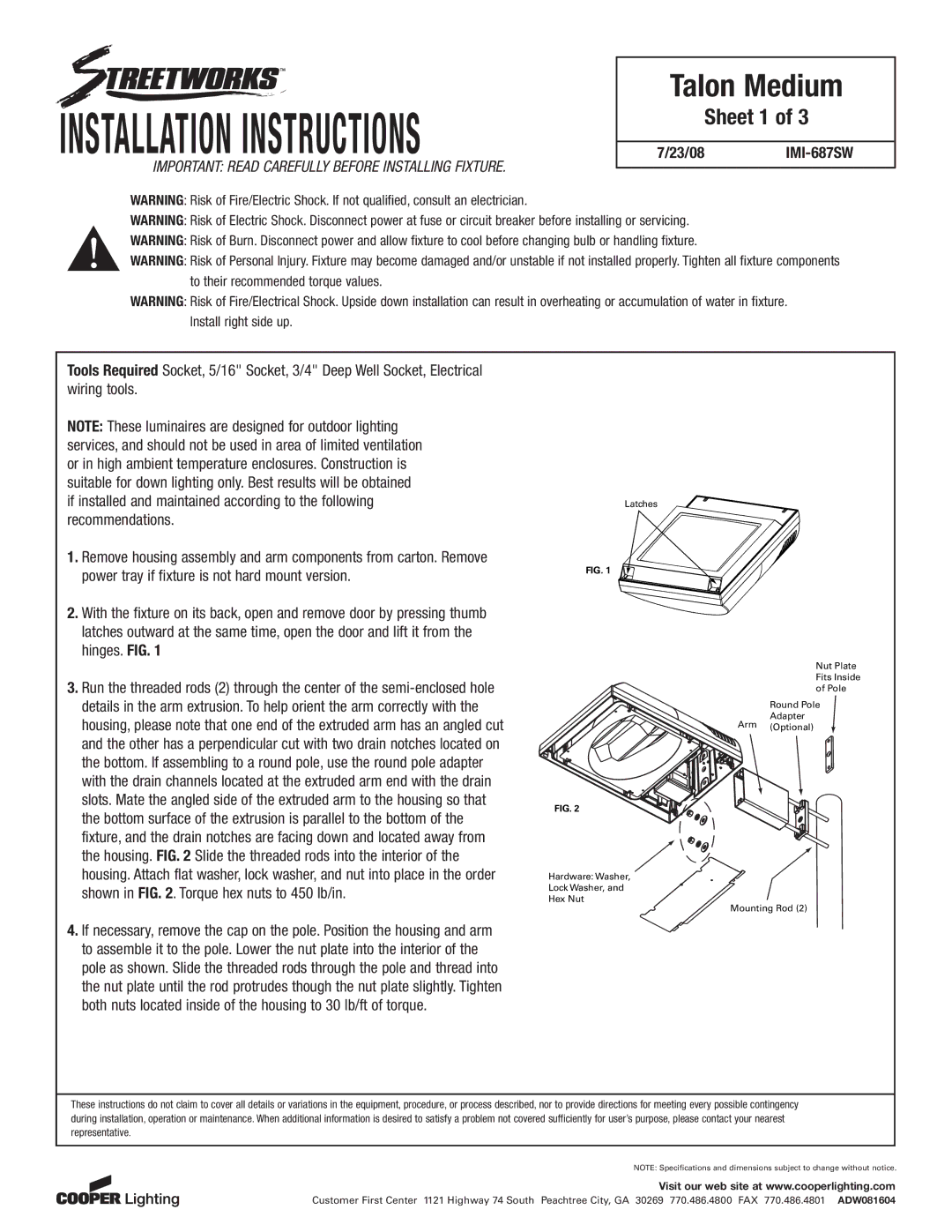 Cooper Lighting TMU/TLU installation instructions Installation Instructions, Sheet 1 