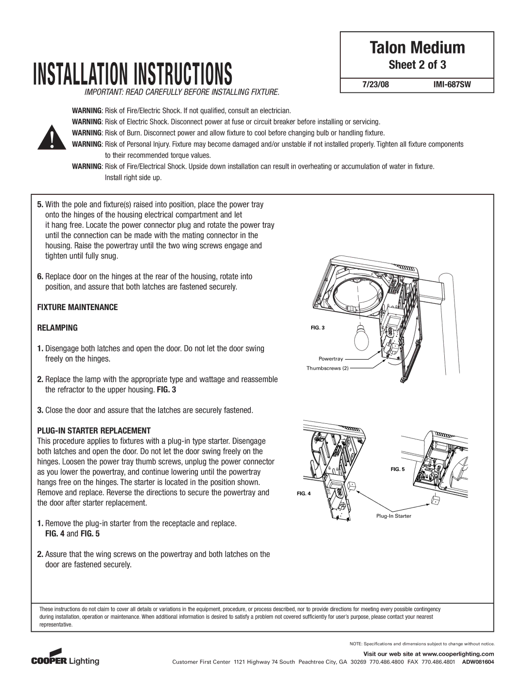 Cooper Lighting TMU/TLU installation instructions Sheet 2, Fixture Maintenance Relamping, PLUG-IN Starter Replacement 