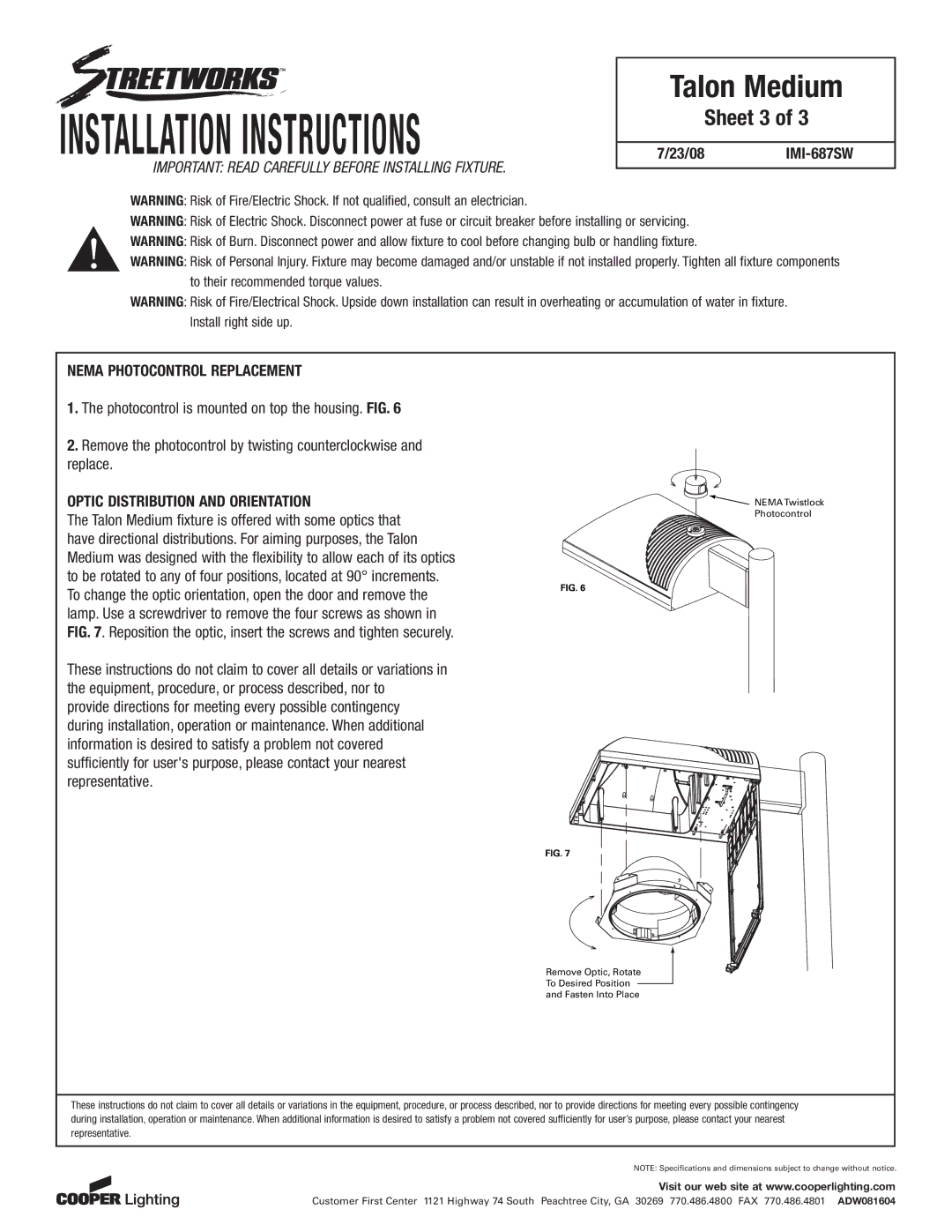 Cooper Lighting TMU/TLU Sheet 3, Nema Photocontrol Replacement, Optic Distribution and Orientation 