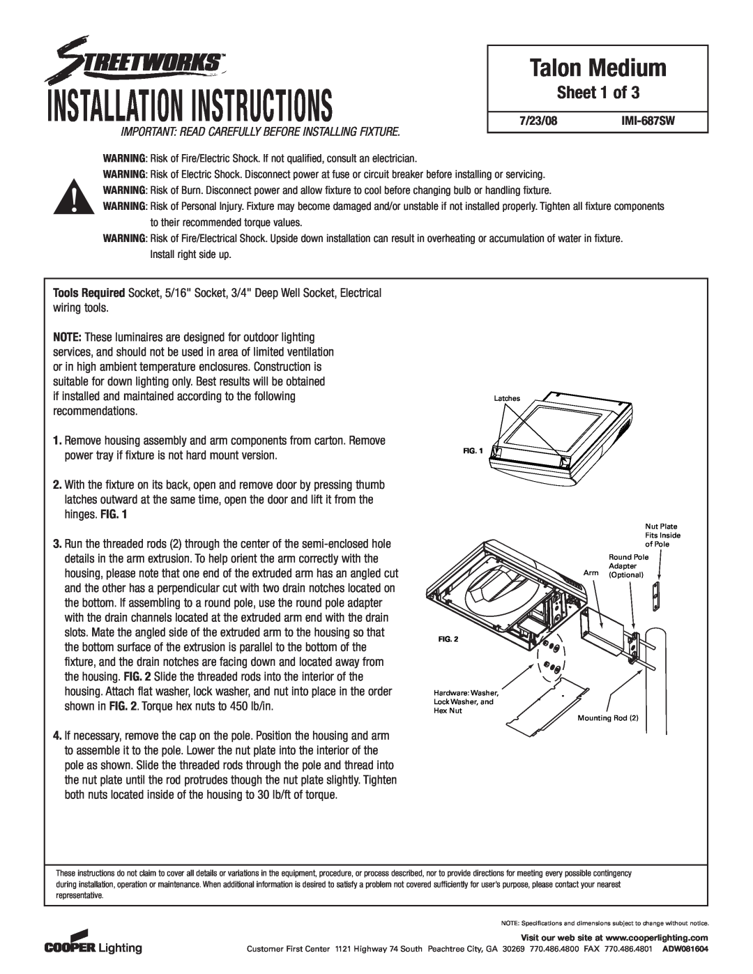 Cooper Lighting TMU/TLU installation instructions Installation Instructions, Talon Medium, Sheet 1 of 