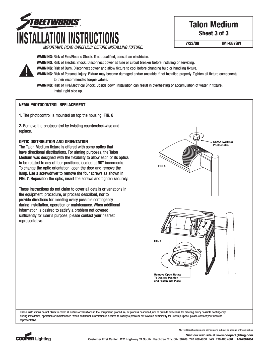 Cooper Lighting TMU/TLU installation instructions Sheet 3 of, Installation Instructions, Talon Medium, 7/23/08IMI-687SW 