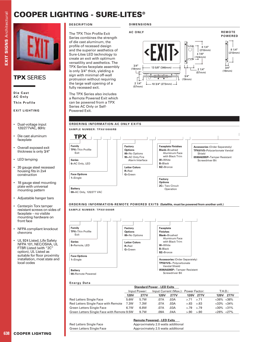 Cooper Lighting TPX Series dimensions Exit Signs Architectural 